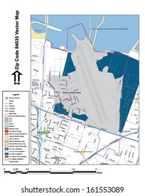 Vector map with summits, rivers, railroads, streets, lakes, parks, airports, stadiums, correctional facilities, military installations and federal lands by zip code 94035 with labels and clean layers.