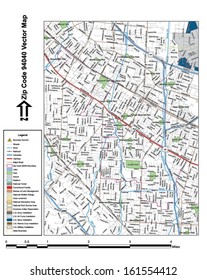 Vector map with summits, rivers, railroads, streets, lakes, parks, airports, stadiums, correctional facilities, military installations and federal lands by zip code 94040 with labels and clean layers.