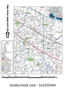 Vector map with summits, rivers, railroads, streets, lakes, parks, airports, stadiums, correctional facilities, military installations and federal lands by zip code 94041 with labels and clean layers.