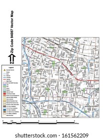 Vector map with summits, rivers, railroads, streets, lakes, parks, airports, stadiums, correctional facilities, military installations and federal lands by zip code 94087 with labels and clean layers.