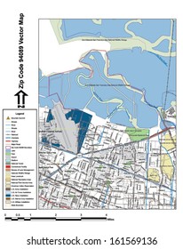 Vector map with summits, rivers, railroads, streets, lakes, parks, airports, stadiums, correctional facilities, military installations and federal lands by zip code 94089 with labels and clean layers.