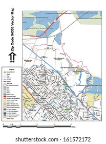 Vector map with summits, rivers, railroads, streets, lakes, parks, airports, stadiums, correctional facilities, military installations and federal lands by zip code 94303 with labels and clean layers.