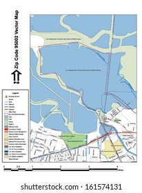 Vector map with summits, rivers, railroads, streets, lakes, parks, airports, stadiums, correctional facilities, military installations and federal lands by zip code 95002 with labels and clean layers.