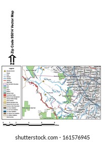 Vector map with summits, rivers, railroads, streets, lakes, parks, airports, stadiums, correctional facilities, military installations and federal lands by zip code 95014 with labels and clean layers.