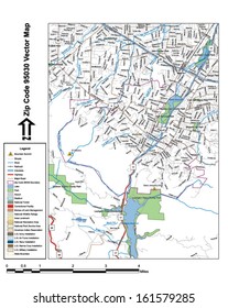 Vector map with summits, rivers, railroads, streets, lakes, parks, airports, stadiums, correctional facilities, military installations and federal lands by zip code 95030 with labels and clean layers.