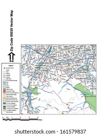 Vector map with summits, rivers, railroads, streets, lakes, parks, airports, stadiums, correctional facilities, military installations and federal lands by zip code 95032 with labels and clean layers.