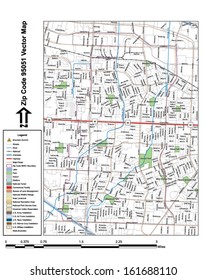 Vector map with summits, rivers, railroads, streets, lakes, parks, airports, stadiums, correctional facilities, military installations and federal lands by zip code 95051 with labels and clean layers.