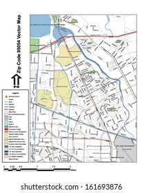 Vector map with summits, rivers, railroads, streets, lakes, parks, airports, stadiums, correctional facilities, military installations and federal lands by zip code 95054 with labels and clean layers.