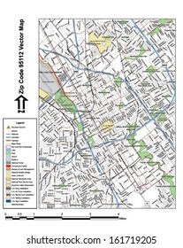 Vector map with summits, rivers, railroads, streets, lakes, parks, airports, stadiums, correctional facilities, military installations and federal lands by zip code 95112 with labels and clean layers.