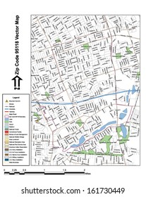 Vector map with summits, rivers, railroads, streets, lakes, parks, airports, stadiums, correctional facilities, military installations and federal lands by zip code 95118 with labels and clean layers.