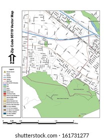 Vector map with summits, rivers, railroads, streets, lakes, parks, airports, stadiums, correctional facilities, military installations and federal lands by zip code 95119 with labels and clean layers.