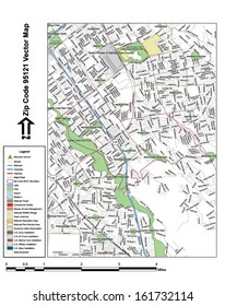 Vector map with summits, rivers, railroads, streets, lakes, parks, airports, stadiums, correctional facilities, military installations and federal lands by zip code 95121 with labels and clean layers.