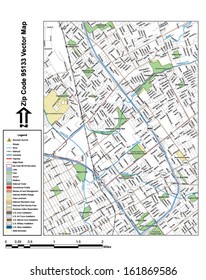 Vector map with summits, rivers, railroads, streets, lakes, parks, airports, stadiums, correctional facilities, military installations and federal lands by zip code 95133 with labels and clean layers.