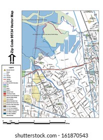 Vector map with summits, rivers, railroads, streets, lakes, parks, airports, stadiums, correctional facilities, military installations and federal lands by zip code 95134 with labels and clean layers.