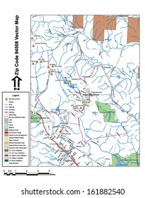 Vector map with summits, rivers, railroads, streets, lakes, parks, airports, stadiums, correctional facilities, military installations and federal lands by zip code 94508 with labels and clean layers.