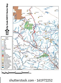 Vector map with summits, rivers, railroads, streets, lakes, parks, airports, stadiums, correctional facilities, military installations and federal lands by zip code 94515 with labels and clean layers.