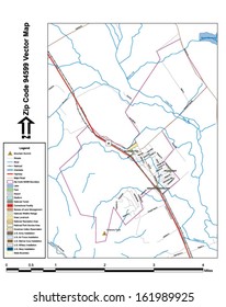 Vector map with summits, rivers, railroads, streets, lakes, parks, airports, stadiums, correctional facilities, military installations and federal lands by zip code 94599 with labels and clean layers.