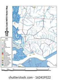 Vector map with summits, rivers, railroads, streets, lakes, parks, airports, stadiums, correctional facilities, military installations and federal lands by zip code 94512 with labels and clean layers.