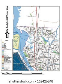 Vector map with summits, rivers, railroads, streets, lakes, parks, airports, stadiums, correctional facilities, military installations and federal lands by zip code 94589 with labels and clean layers.