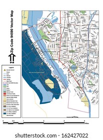 Vector map with summits, rivers, railroads, streets, lakes, parks, airports, stadiums, correctional facilities, military installations and federal lands by zip code 94590 with labels and clean layers.