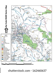 Vector map with summits, rivers, railroads, streets, lakes, parks, airports, stadiums, correctional facilities, military installations and federal lands by zip code 95409 with labels and clean layers.