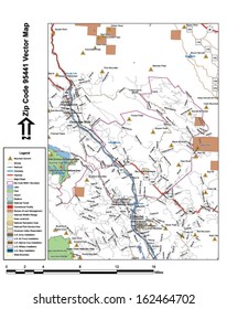 Vector map with summits, rivers, railroads, streets, lakes, parks, airports, stadiums, correctional facilities, military installations and federal lands by zip code 95441 with labels and clean layers.
