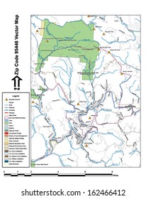 Vector map with summits, rivers, railroads, streets, lakes, parks, airports, stadiums, correctional facilities, military installations and federal lands by zip code 95446 with labels and clean layers.