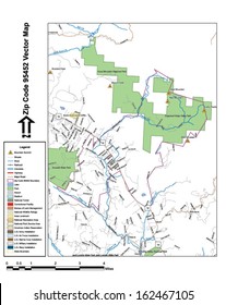 Vector map with summits, rivers, railroads, streets, lakes, parks, airports, stadiums, correctional facilities, military installations and federal lands by zip code 95452 with labels and clean layers.