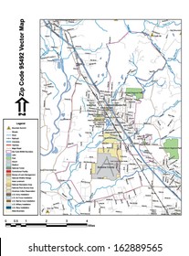 Vector map with summits, rivers, railroads, streets, lakes, parks, airports, stadiums, correctional facilities, military installations and federal lands by zip code 95492 with labels and clean layers.