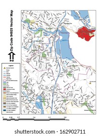 Vector map with summits, rivers, railroads, streets, lakes, parks, airports, stadiums, correctional facilities, military installations and federal lands by zip code 94925 with labels and clean layers.