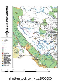 Vector map with summits, rivers, railroads, streets, lakes, parks, airports, stadiums, correctional facilities, military installations and federal lands by zip code 94930 with labels and clean layers.
