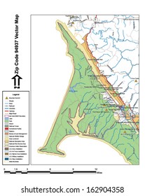 Vector map with summits, rivers, railroads, streets, lakes, parks, airports, stadiums, correctional facilities, military installations and federal lands by zip code 94937 with labels and clean layers.