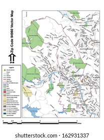 Vector map with summits, rivers, railroads, streets, lakes, parks, airports, stadiums, correctional facilities, military installations and federal lands by zip code 94960 with labels and clean layers.