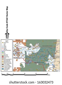 Vector map with summits, rivers, railroads, streets, lakes, parks, airports, stadiums, correctional facilities, military installations and federal lands by zip code 97342 with labels and clean layers.