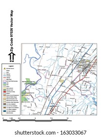 Vector map with summits, rivers, railroads, streets, lakes, parks, airports, stadiums, correctional facilities, military installations and federal lands by zip code 97026 with labels and clean layers.