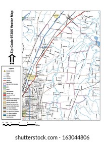 Vector map with summits, rivers, railroads, streets, lakes, parks, airports, stadiums, correctional facilities, military installations and federal lands by zip code 97305 with labels and clean layers.