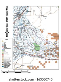 Vector map with summits, rivers, railroads, streets, lakes, parks, airports, stadiums, correctional facilities, military installations and federal lands by zip code 97381 with labels and clean layers.