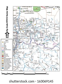 Vector map with summits, rivers, railroads, streets, lakes, parks, airports, stadiums, correctional facilities, military installations and federal lands by zip code 97015 with labels and clean layers.