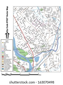 Vector map with summits, rivers, railroads, streets, lakes, parks, airports, stadiums, correctional facilities, military installations and federal lands by zip code 97027 with labels and clean layers.