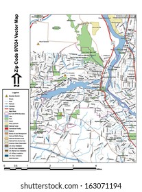 Vector map with summits, rivers, railroads, streets, lakes, parks, airports, stadiums, correctional facilities, military installations and federal lands by zip code 97034 with labels and clean layers.