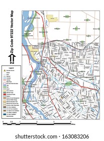 Vector map with summits, rivers, railroads, streets, lakes, parks, airports, stadiums, correctional facilities, military installations and federal lands by zip code 97222 with labels and clean layers.