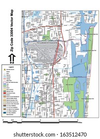 Vector map with summits, rivers, railroads, streets, lakes, parks, airports, stadiums, correctional facilities, military installations and federal lands by zip code 33004 with labels and clean layers.