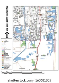 Vector map with summits, rivers, railroads, streets, lakes, parks, airports, stadiums, correctional facilities, military installations and federal lands by zip code 33009 with labels and clean layers.