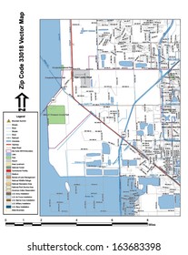 Vector map with summits, rivers, railroads, streets, lakes, parks, airports, stadiums, correctional facilities, military installations and federal lands by zip code 33018 with labels and clean layers.