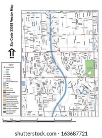 Vector map with summits, rivers, railroads, streets, lakes, parks, airports, stadiums, correctional facilities, military installations and federal lands by zip code 33028 with labels and clean layers.