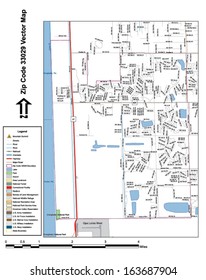 Vector map with summits, rivers, railroads, streets, lakes, parks, airports, stadiums, correctional facilities, military installations and federal lands by zip code 33029 with labels and clean layers.