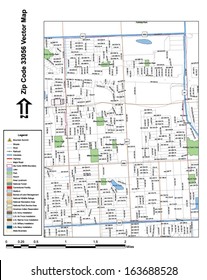 Vector map with summits, rivers, railroads, streets, lakes, parks, airports, stadiums, correctional facilities, military installations and federal lands by zip code 33056 with labels and clean layers.