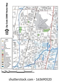 Vector map with summits, rivers, railroads, streets, lakes, parks, airports, stadiums, correctional facilities, military installations and federal lands by zip code 33060 with labels and clean layers.