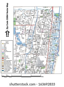 Vector map with summits, rivers, railroads, streets, lakes, parks, airports, stadiums, correctional facilities, military installations and federal lands by zip code 33064 with labels and clean layers.