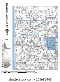 Vector map with summits, rivers, railroads, streets, lakes, parks, airports, stadiums, correctional facilities, military installations and federal lands by zip code 33065 with labels and clean layers.